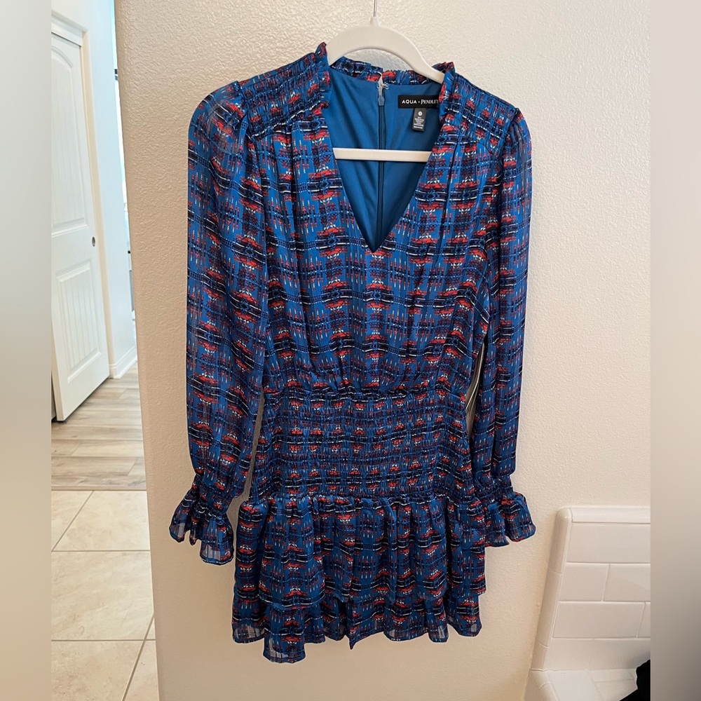 New with Tags, Aqua brand Blue and Red Long Sleeve Dress